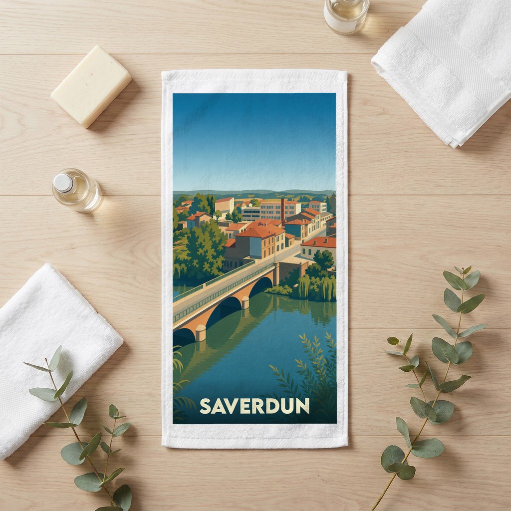 Serviette de bain souvenir de la ville de Saverdun avec une illustration stylisée de son pont.