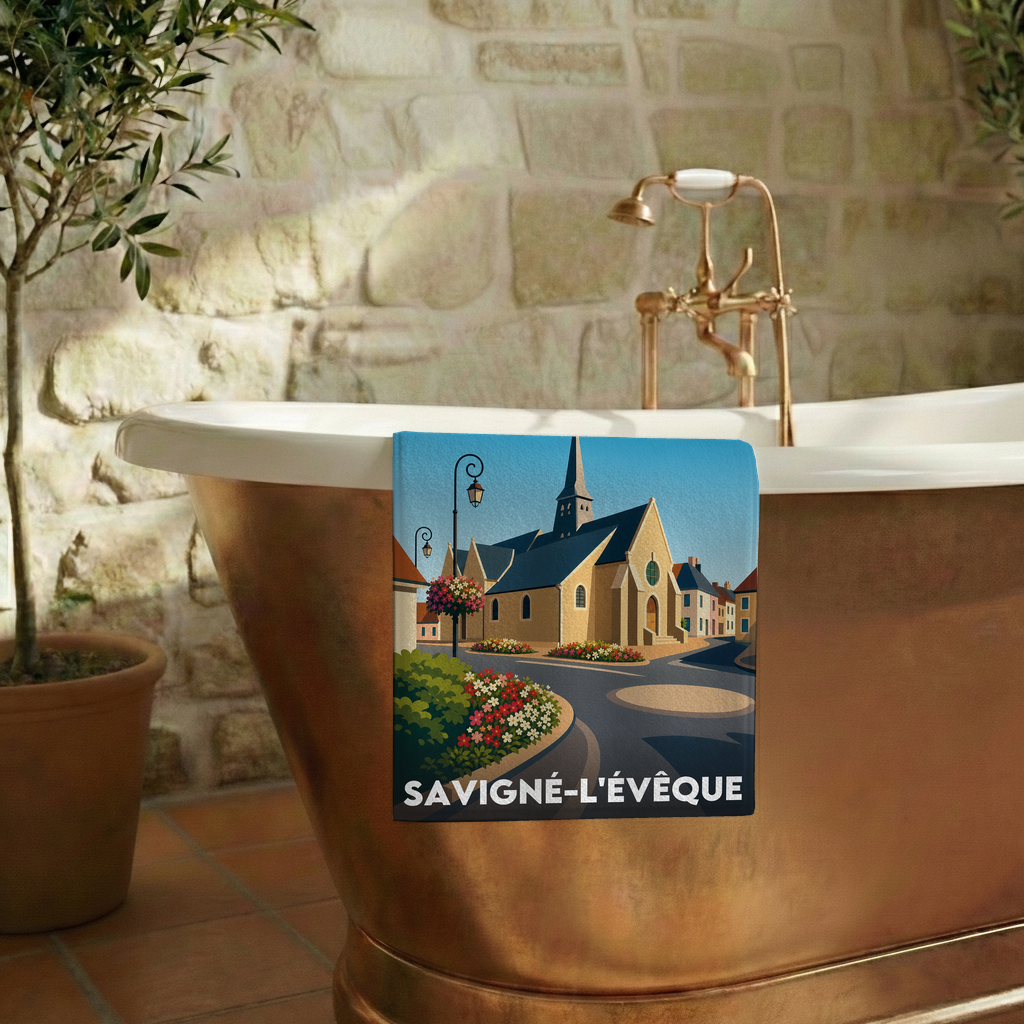 Serviette de bain souvenir de la ville de Savigné-l'Évêque avec une illustration stylisée.