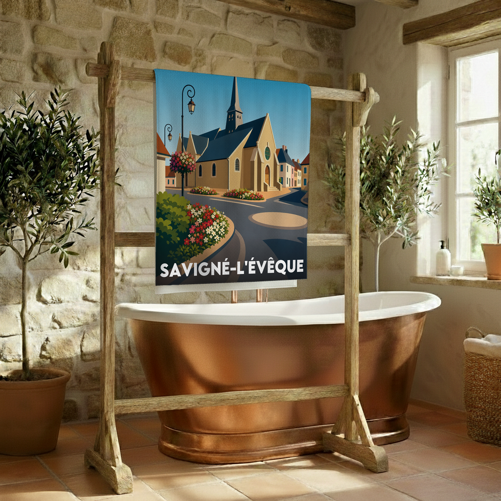 Serviette de bain souvenir de la ville de Savigné-l'Évêque avec une illustration stylisée.