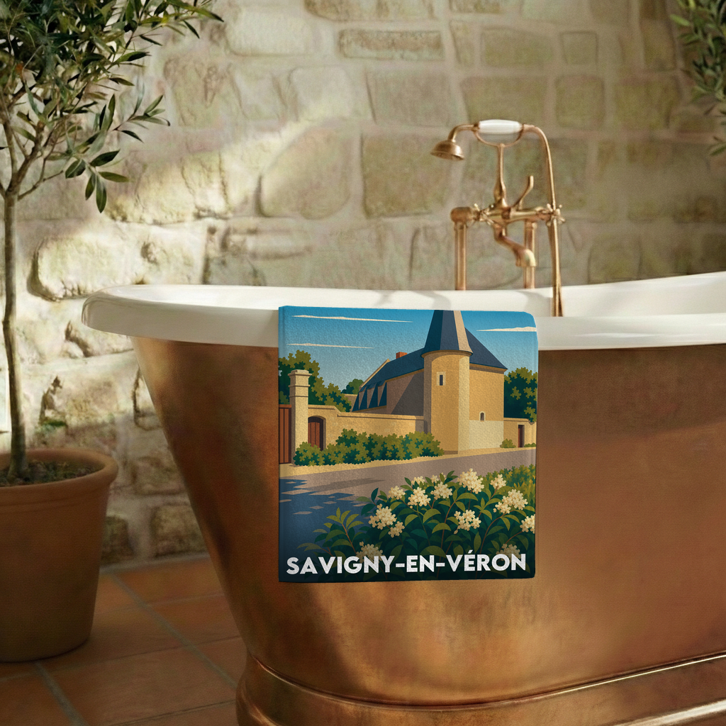 Serviette de bain souvenir de la ville de Savigny-en-Véron avec une illustration stylisée.