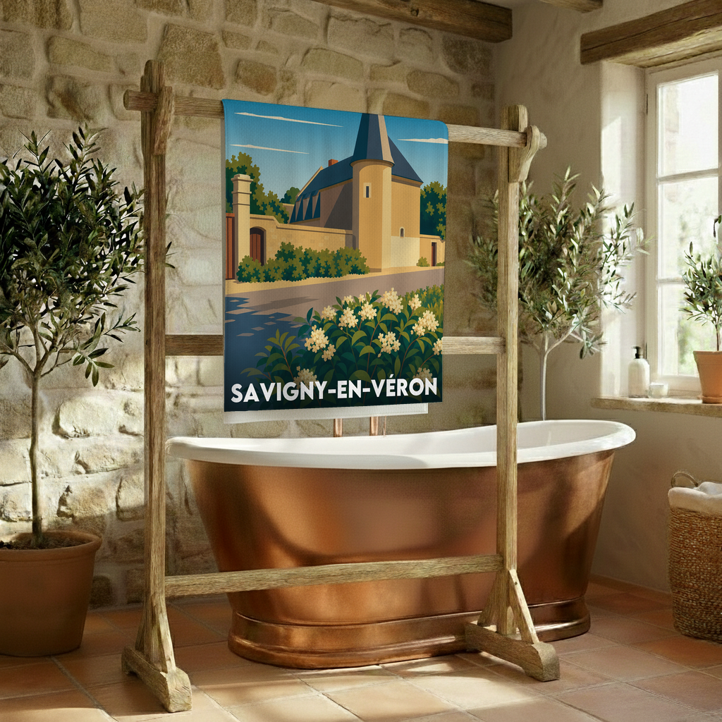 Serviette de bain souvenir de la ville de Savigny-en-Véron avec une illustration stylisée.