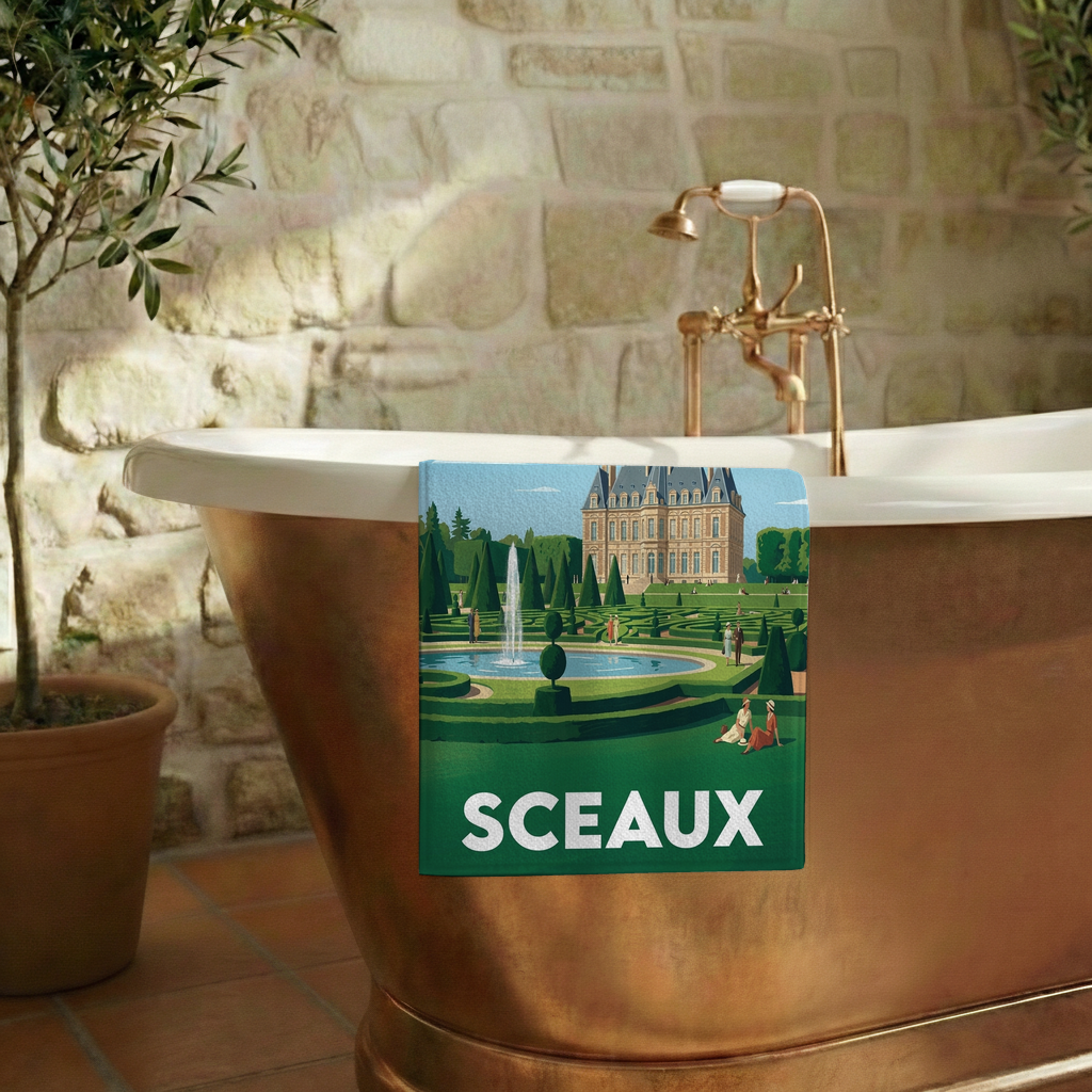 Serviette de bain souvenir de la ville de Sceaux avec une illustration stylisée.