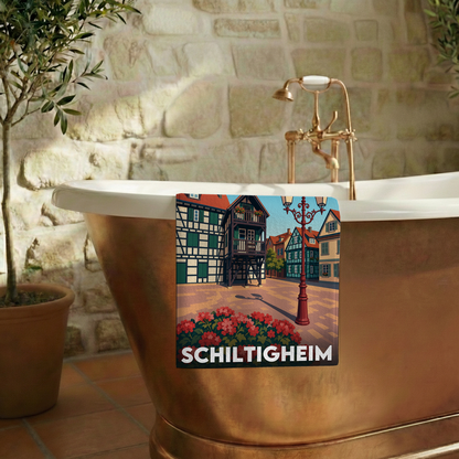 Serviette de bain souvenir de la ville de Schiltigheim avec une illustration stylisée.