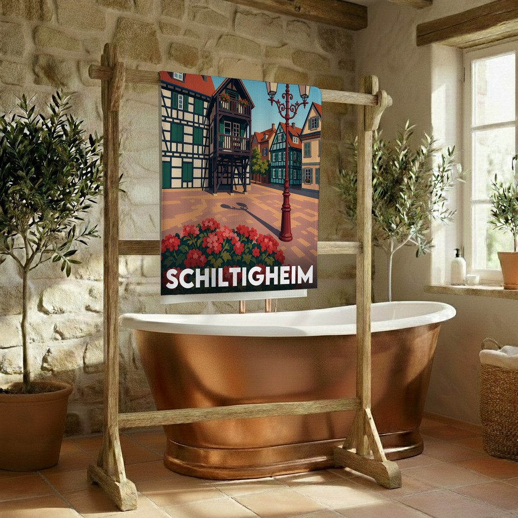 Serviette de bain souvenir de la ville de Schiltigheim avec une illustration stylisée.