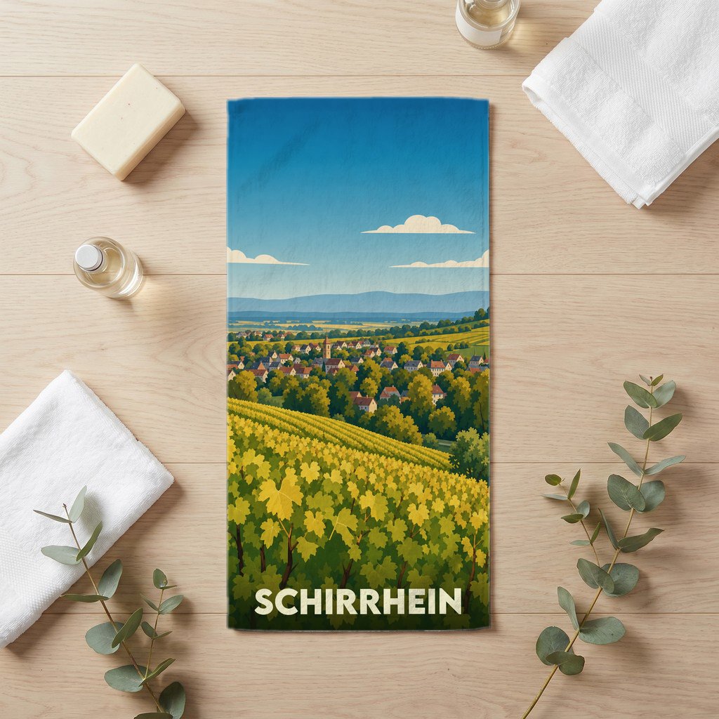 Serviette de bain souvenir de la ville de Schirrhein avec une illustration stylisée de vignobles et du village.