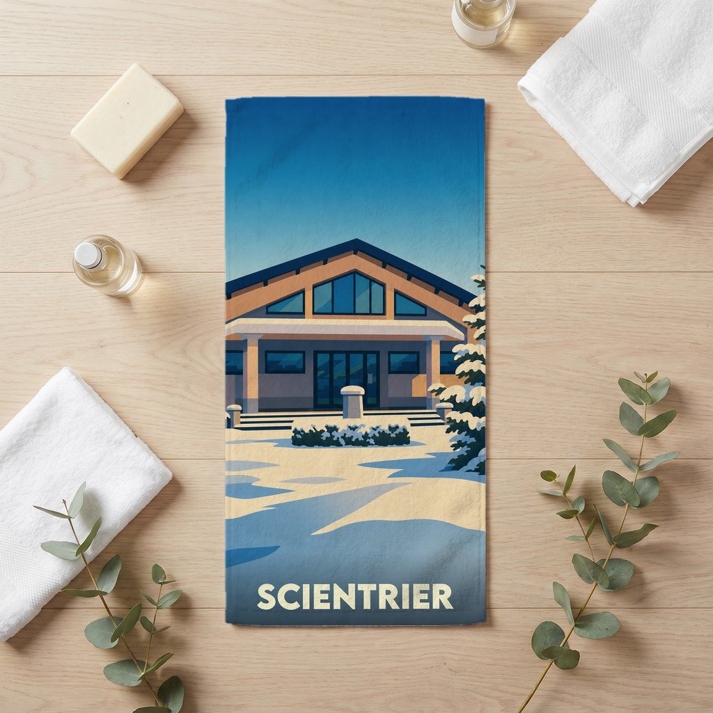 Serviette de bain souvenir de la ville de Scientrier avec une illustration hivernale stylisée.