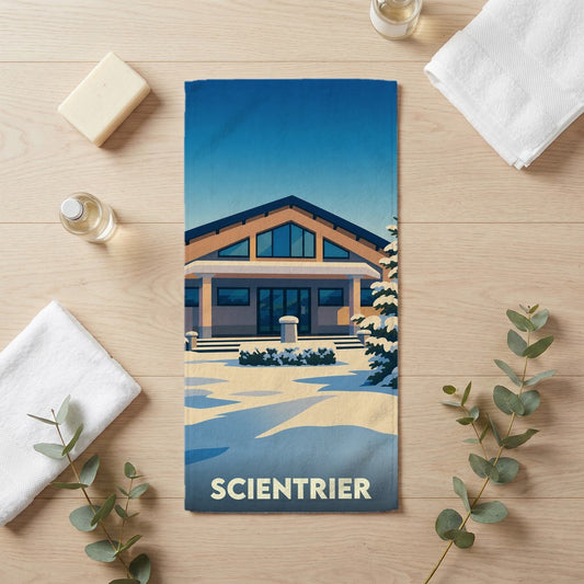 Serviette de bain souvenir de la ville de Scientrier avec une illustration hivernale stylisée.