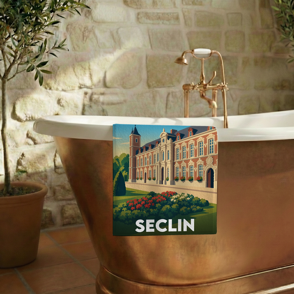 Serviette de bain souvenir de la ville de Seclin avec une illustration stylisée.