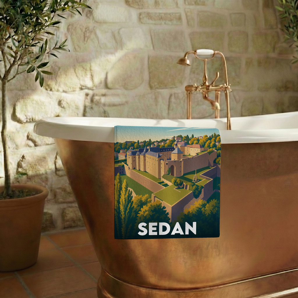 Serviette de bain souvenir de la ville de Sedan avec une illustration stylisée de son château fort.