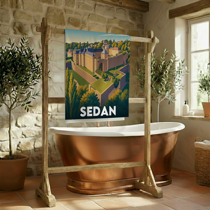 Serviette de bain souvenir de la ville de Sedan avec une illustration stylisée.