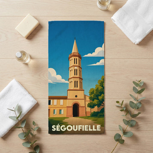 Serviette de bain souvenir de la ville de Ségoufielle avec une illustration stylisée de son clocher.