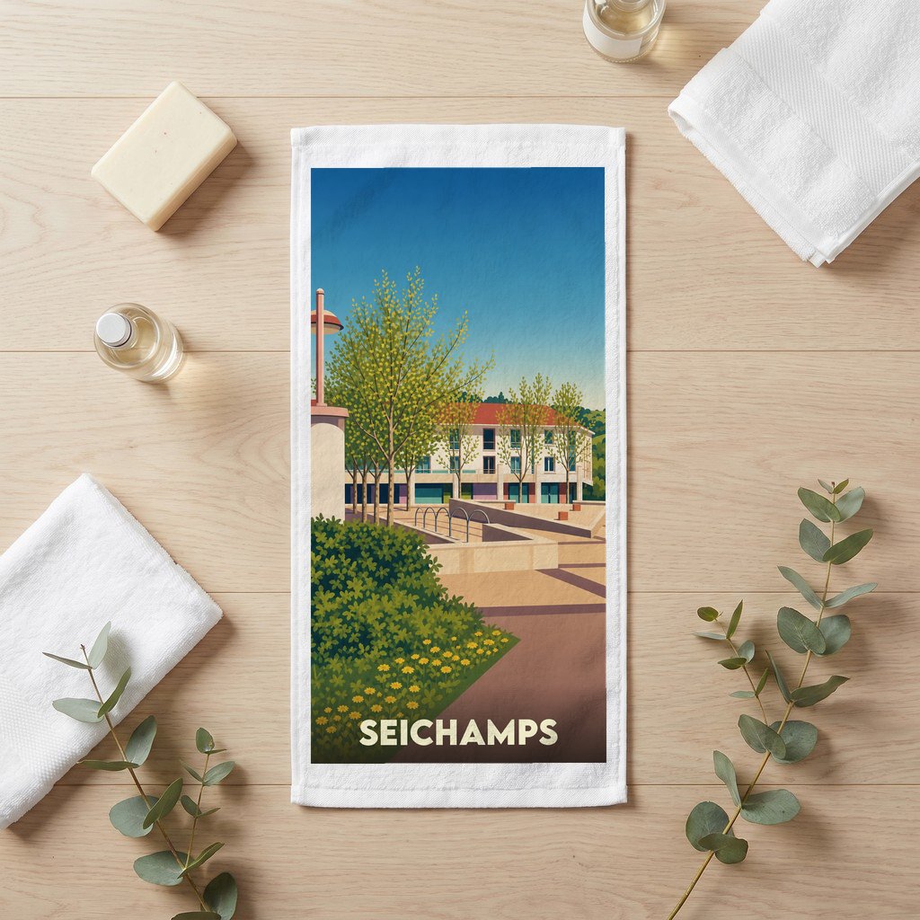 Serviette de bain souvenir de la ville de Seichamps avec une illustration stylisée.
