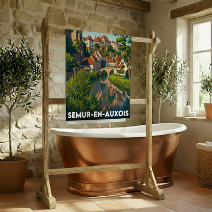 Serviette de bain souvenir de la ville de Semur-en-Auxois avec une illustration stylisée.