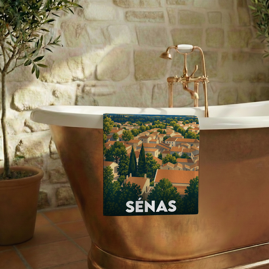 Serviette de bain souvenir de la ville de Sénas avec une illustration stylisée.