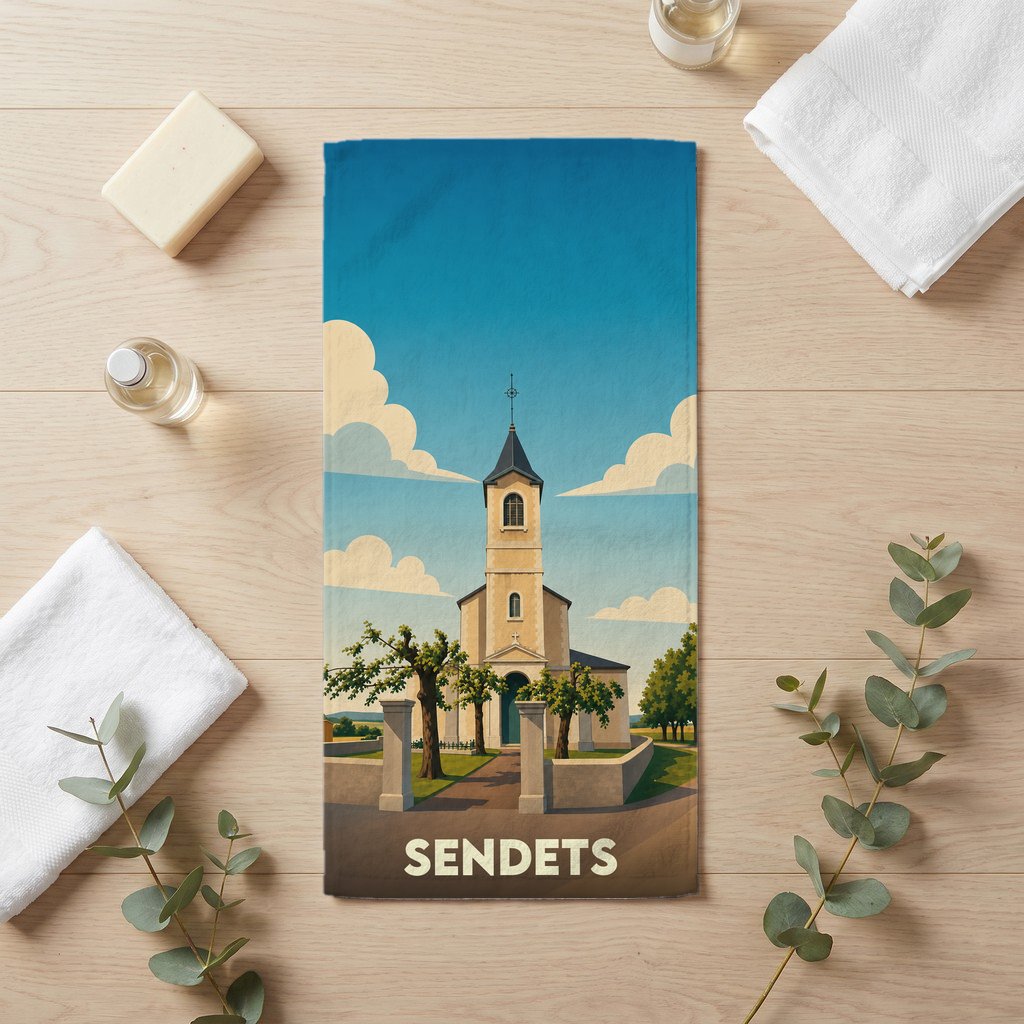 Serviette de bain souvenir de la ville de Sendets avec une illustration stylisée de son église.