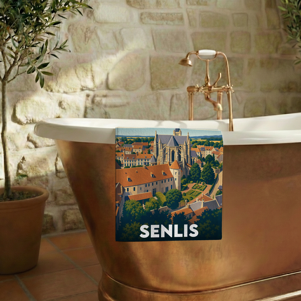 Serviette de bain souvenir de la ville de Senlis avec une illustration stylisée.