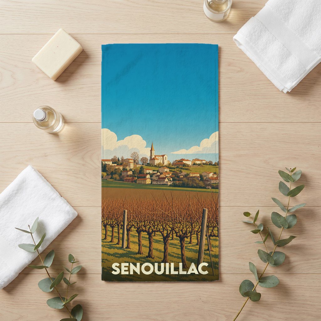 Serviette de bain souvenir de la ville de Senouillac avec une illustration stylisée de son paysage de vignes.