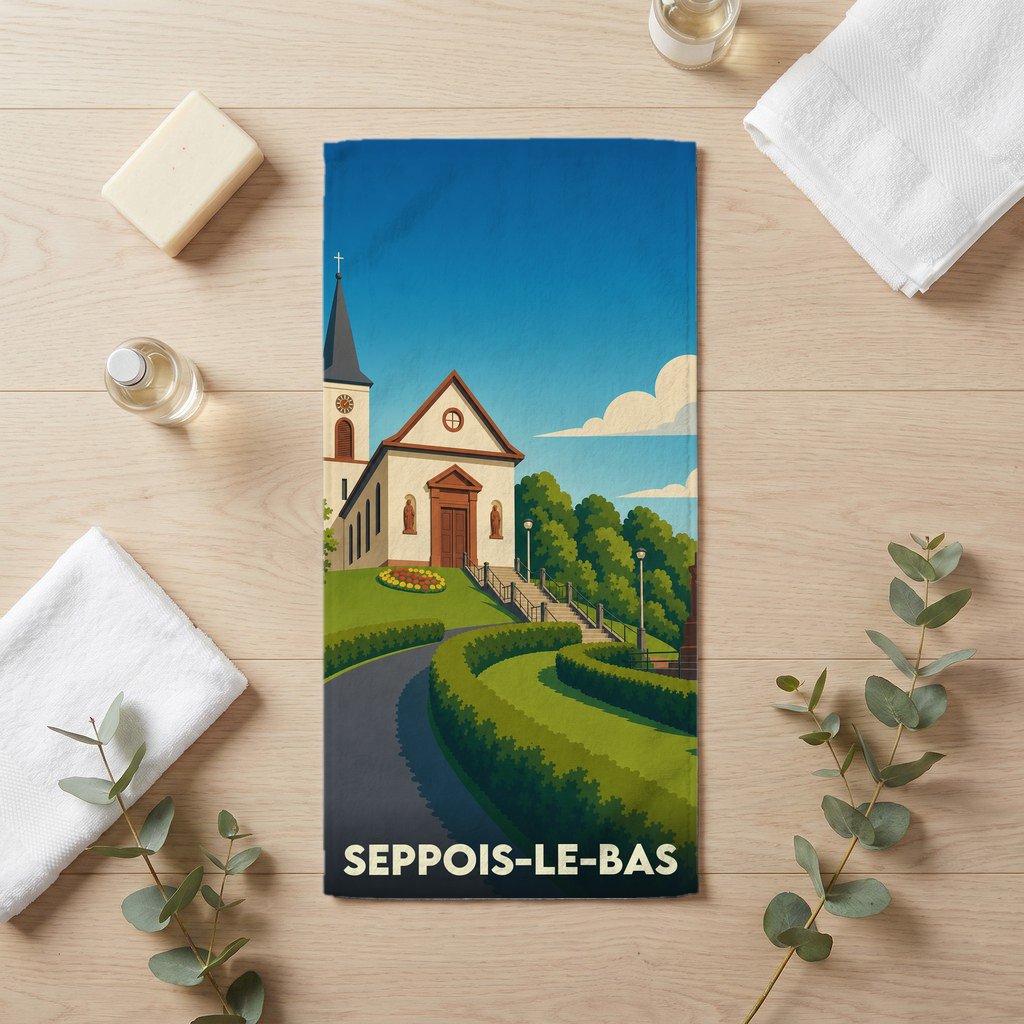 Serviette de bain souvenir de Seppois-le-Bas avec une illustration stylisée de son église et de ses jardins.