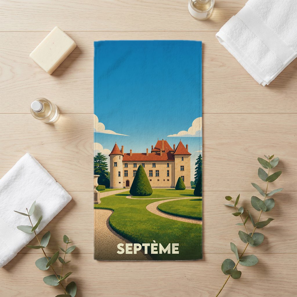 Serviette de bain souvenir de la ville de Septème avec une illustration stylisée de son château.