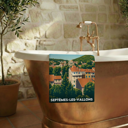 Serviette de bain souvenir de la ville de Septèmes-les-Vallons avec une illustration stylisée.