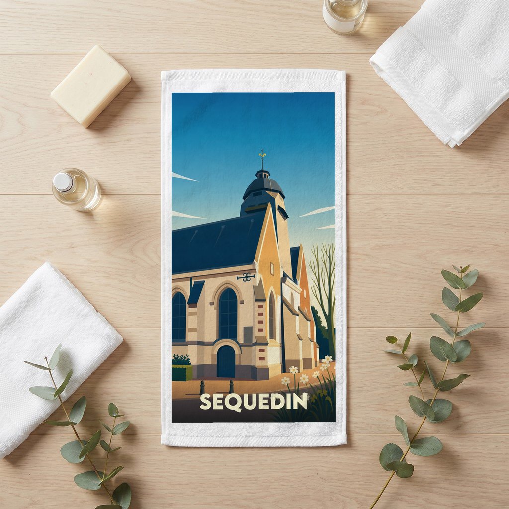 Serviette de bain souvenir de la ville de Sequedin avec une illustration stylisée d'une église.