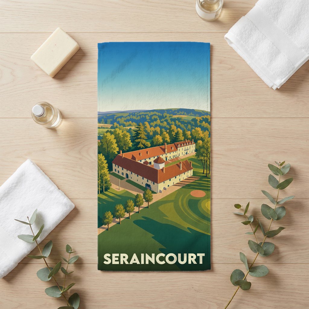 Serviette de bain souvenir de la ville de Seraincourt avec une illustration stylisée d'un domaine.