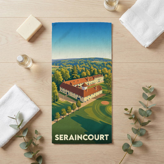 Serviette de bain souvenir de la ville de Seraincourt avec une illustration stylisée d'un domaine.