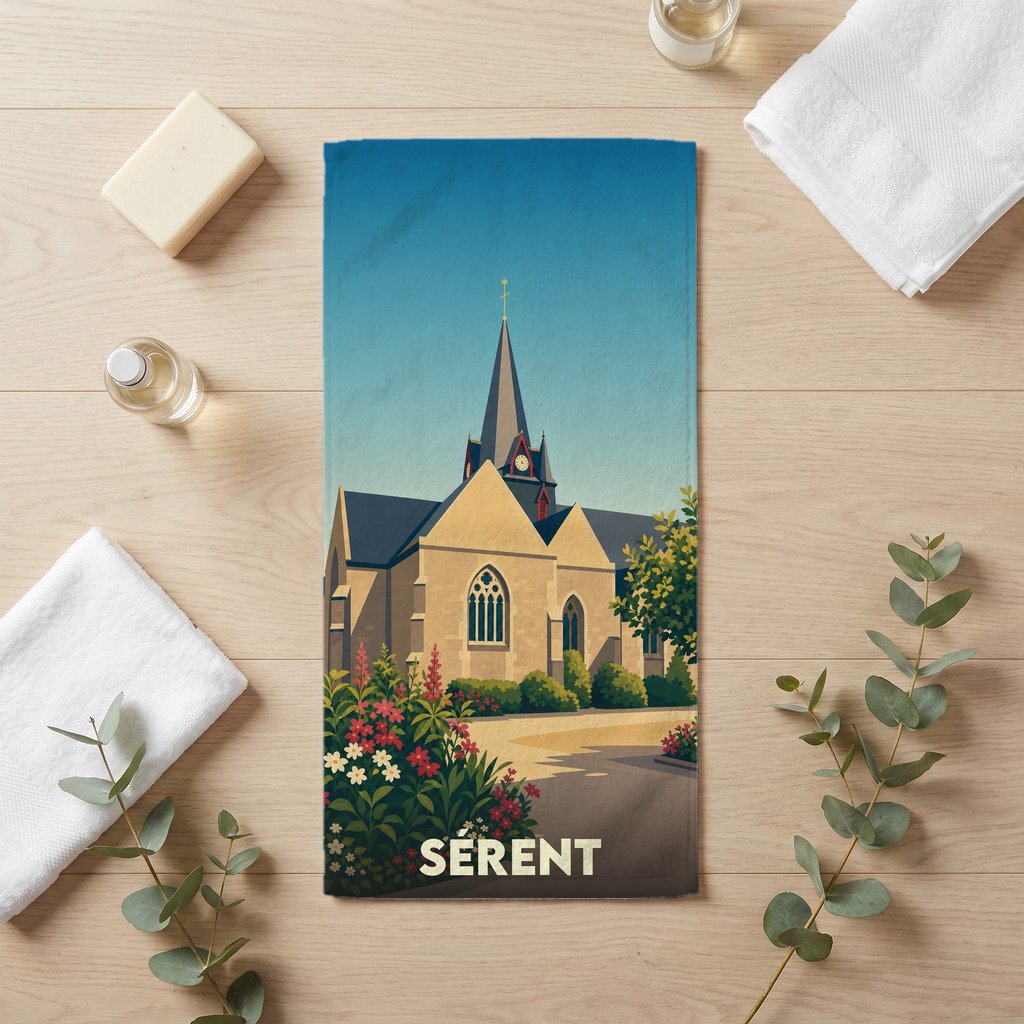 Serviette de bain souvenir de la ville de Sérent avec une illustration stylisée de son église et de jardins fleuris.