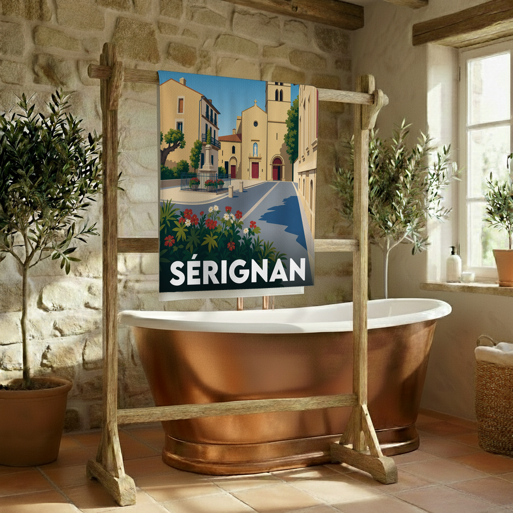 Serviette de bain souvenir de la ville de Sérignan avec une illustration stylisée.