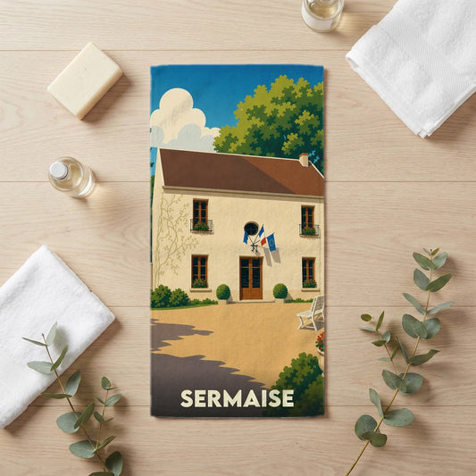 Serviette de bain souvenir de la ville de Sermaise avec une illustration stylisée.