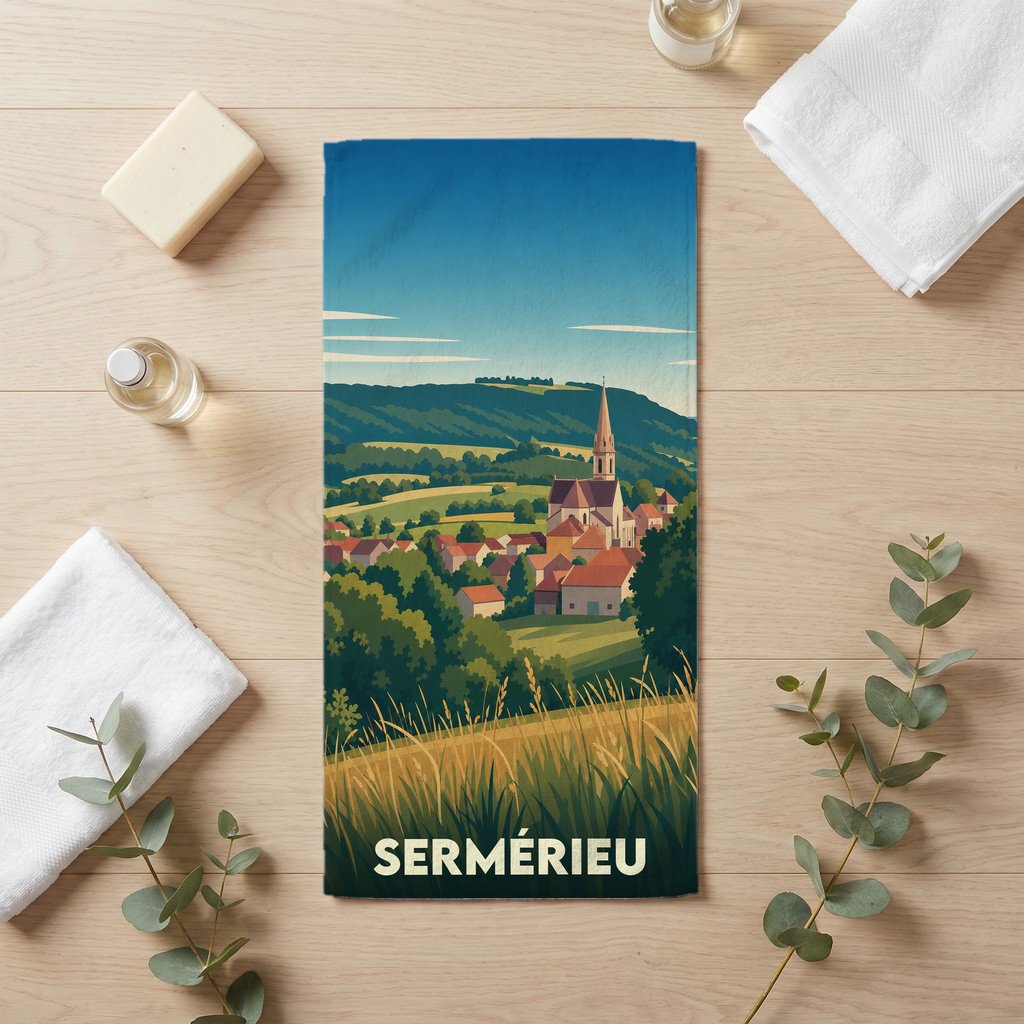 Serviette de bain souvenir de la ville de Sermérieu avec une illustration stylisée de son paysage rural.