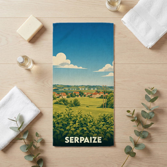 Serviette de bain souvenir de la ville de Serpaize avec une illustration stylisée de paysages vallonnés.