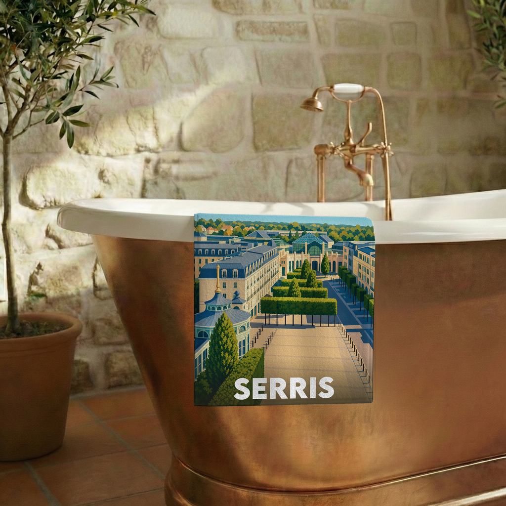 Serviette de bain souvenir de la ville de Serris avec une illustration stylisée.
