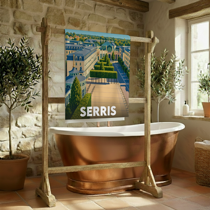 Serviette de bain souvenir de la ville de Serris avec une illustration stylisée.
