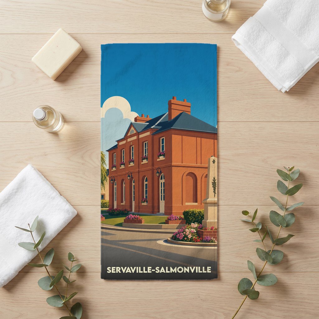 Serviette de bain souvenir de la ville de Servaville-Salmonville avec une illustration architecturale stylisée.