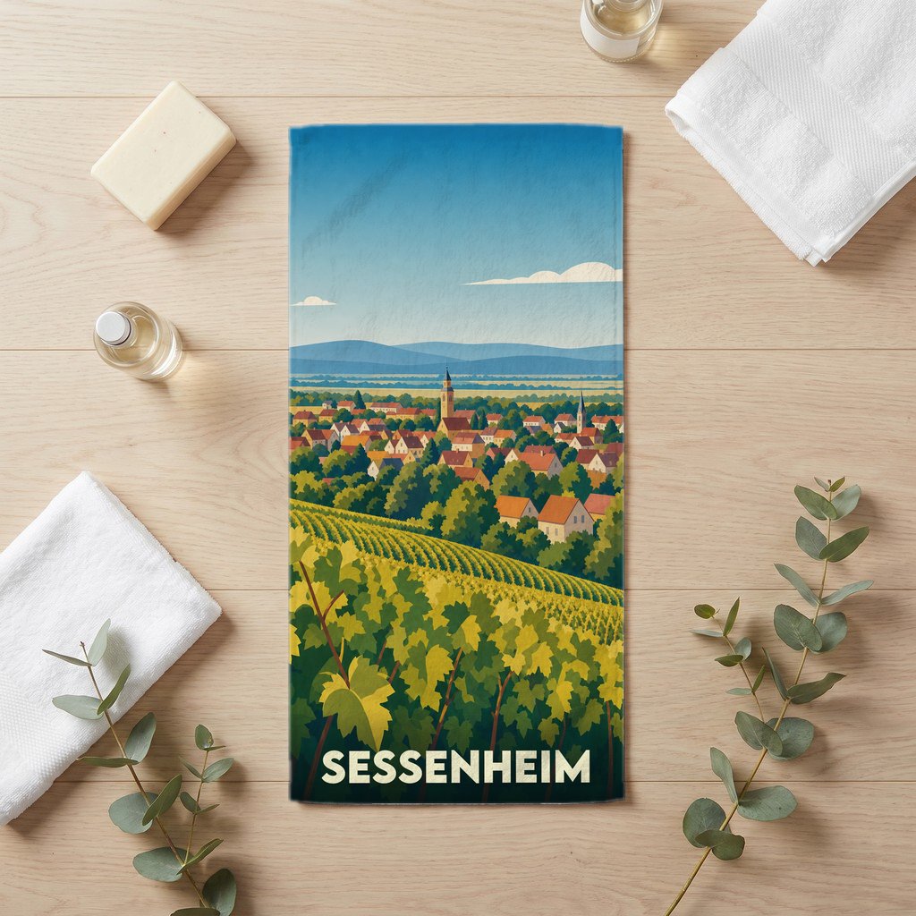 Serviette de bain souvenir de la ville de Sessenheim illustrée par un paysage de vignobles et de village.