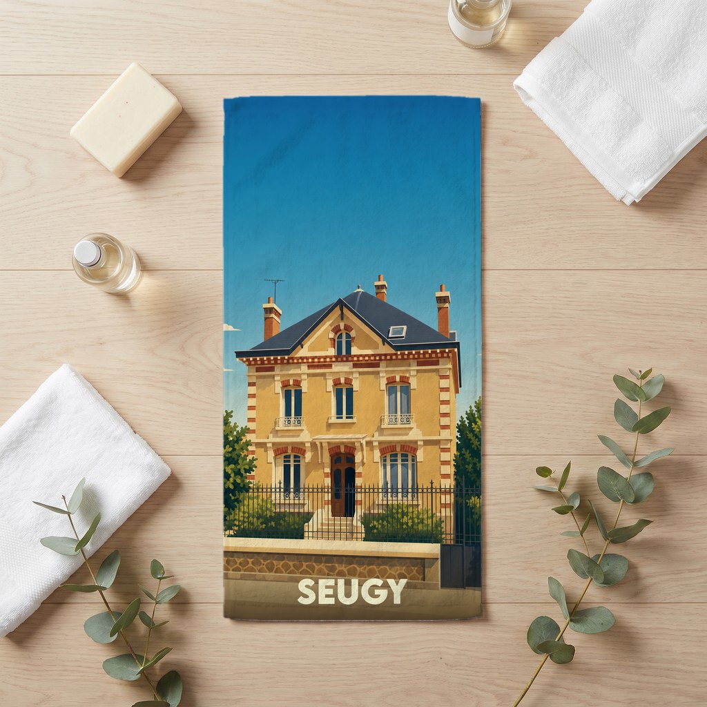 Serviette de bain souvenir de la ville de Seugy avec une illustration stylisée d'une maison de maître.