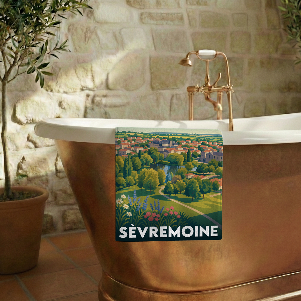 Serviette de bain souvenir de la ville de Sèvremoine avec une illustration de paysage stylisée.