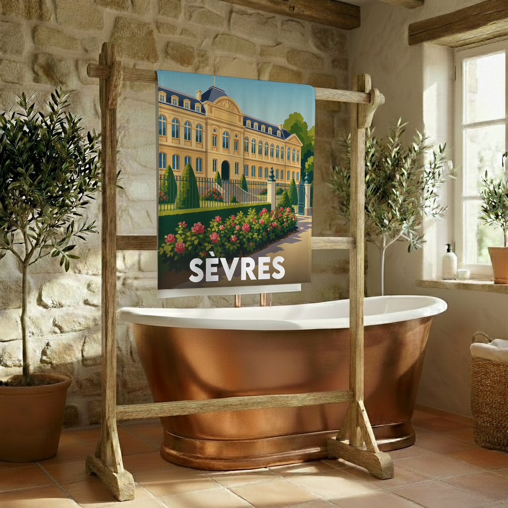 Serviette de bain souvenir de la ville de Sèvres avec une illustration stylisée d'un édifice classique et de jardins fleuris.