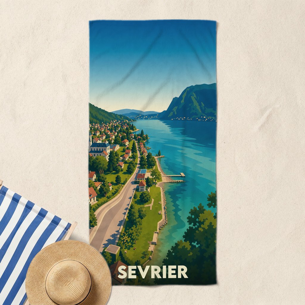 Serviette de bain souvenir de la ville de Sevrier avec une illustration stylisée d'un paysage de lac et de montagnes.