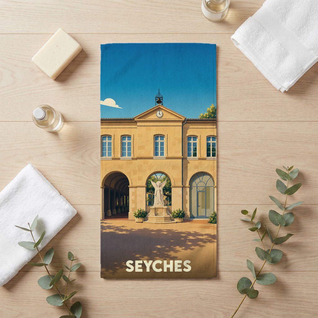Serviette de bain souvenir de la ville de Seyches avec une illustration stylisée de sa mairie.