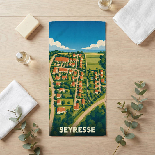 Serviette de bain souvenir de la ville de Seyresse avec une illustration stylisée vue du ciel.