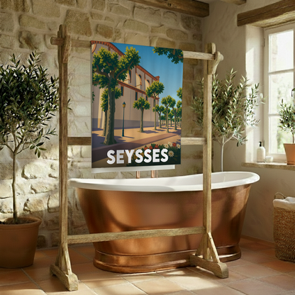 Serviette de bain souvenir de la ville de Seysses avec une illustration stylisée d'une rue arborée.
