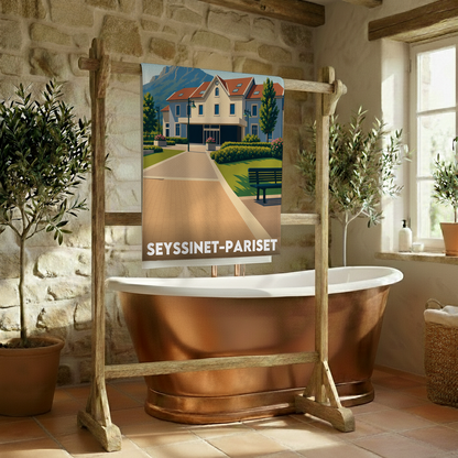 Serviette de bain souvenir de la ville de Seyssinet-Pariset avec une illustration stylisée.