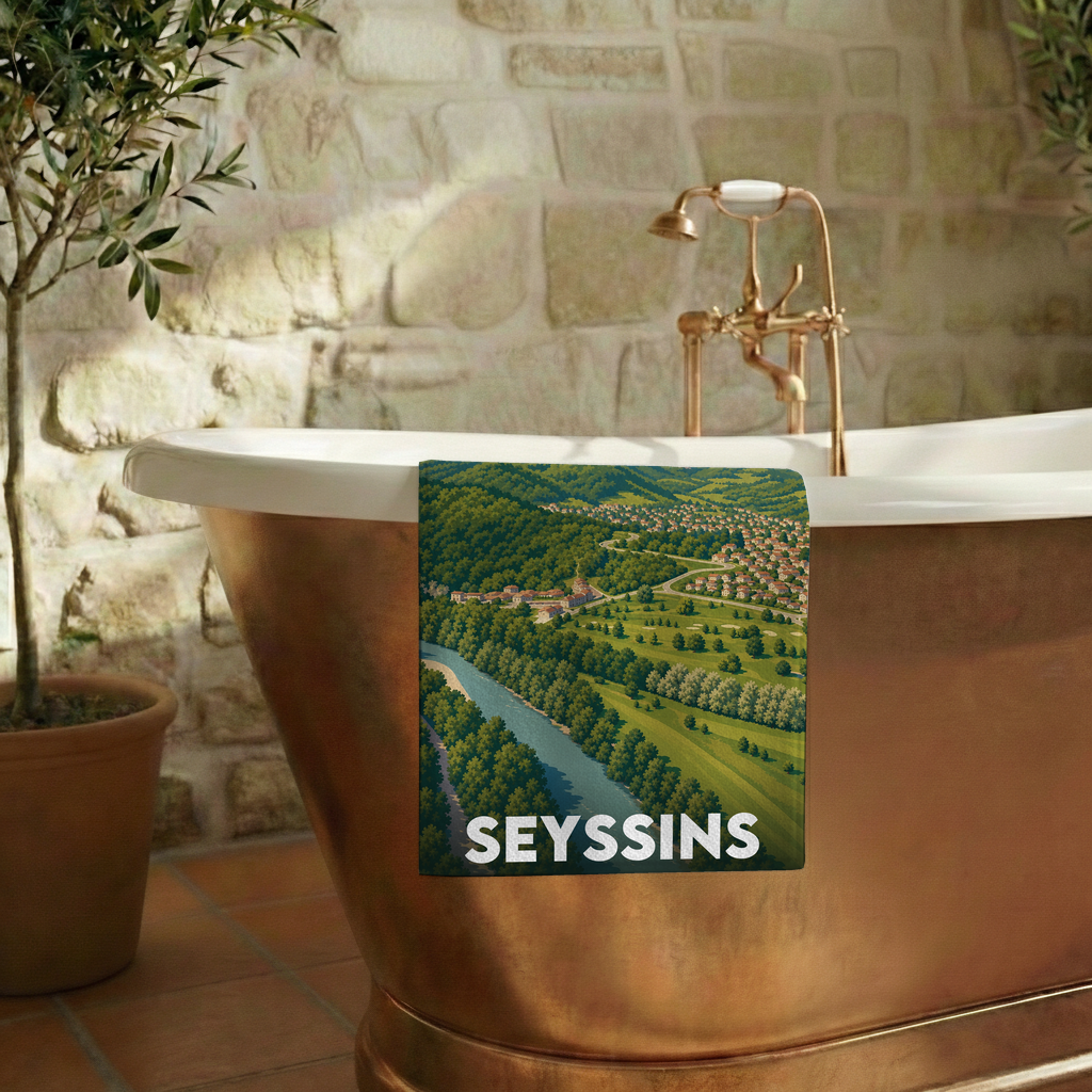 Serviette de bain souvenir de la ville de Seyssins avec une illustration stylisée de son paysage.