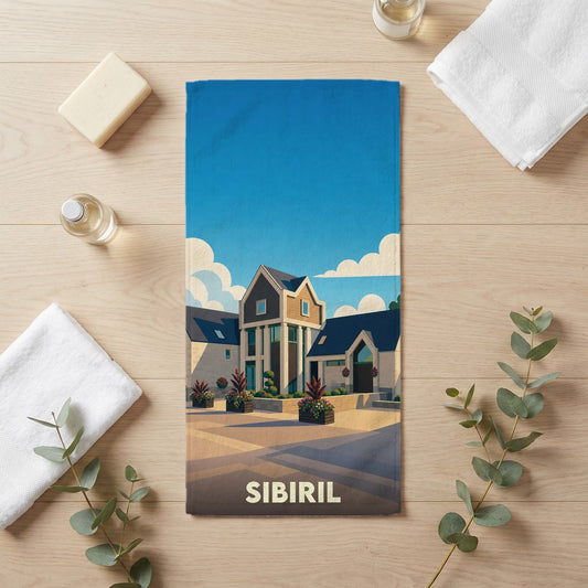 Serviette de bain souvenir de la ville de Sibiril avec une illustration stylisée d'un bâtiment moderne.
