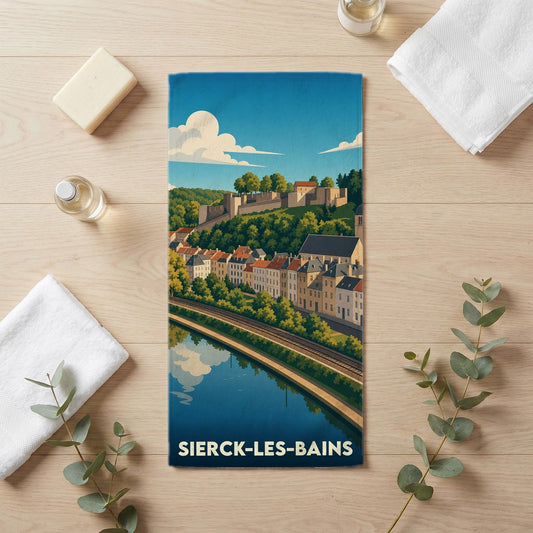 Serviette de bain souvenir de la ville de Sierck-les-Bains avec une illustration stylisée.