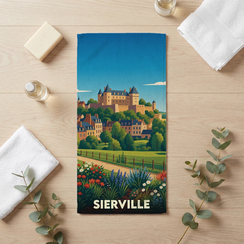 Serviette de bain souvenir de la ville de Sierville ornée d'une illustration stylisée de son château et de ses jardins.