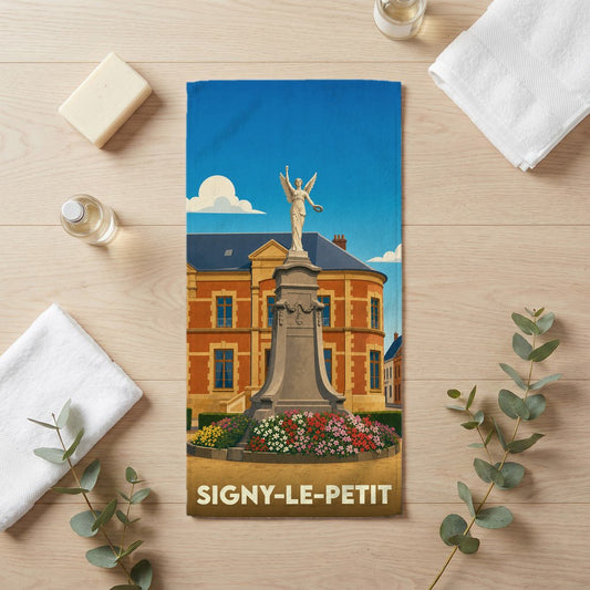 Serviette de bain souvenir de la ville de Signy-le-Petit avec une illustration stylisée d'un monument historique.