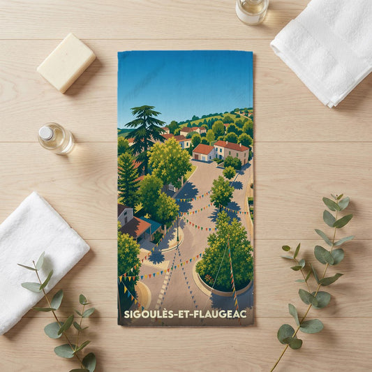 Serviette de bain souvenir de la ville de Sigoulès-et-Flaugeac avec une illustration stylisée d'un village fleuri.